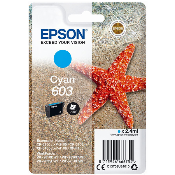 Original Epson 603 Cyan Ink Cartridge (C13T03U24010)