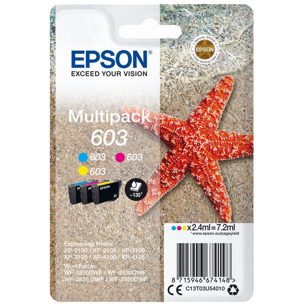 Original Epson 603 3 Colour Ink Cartridge Multipack (C13T03U54010)