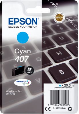 Original Epson 407 Cyan Ink Cartridge C13T07U240