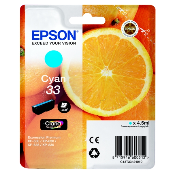 Original Epson 33 Cyan Ink Cartridge (T3342)