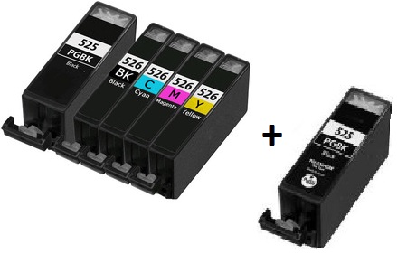 Compatible Canon PGI-525, CLI-526BK CLI-526C CLI-526M CLI-526Y a set of 5 Ink Cartridges + EXTRA BLACK